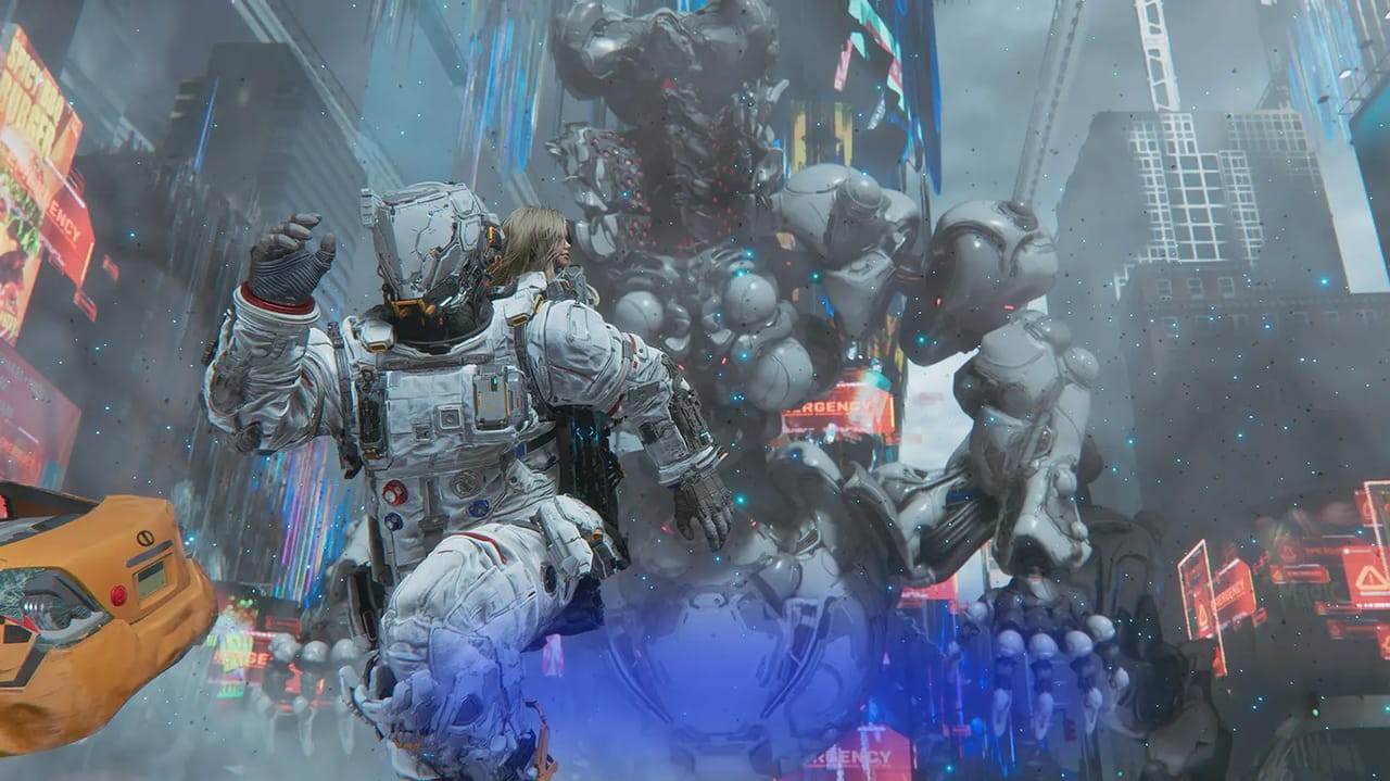 Hugh and Diana run from a giant robot in Pragmata. Hugh and Diana run from a giant robot in Pragmata.