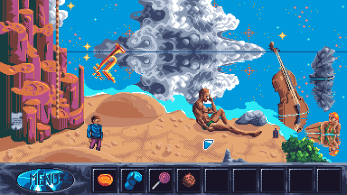 pixel art landscape with ocean and instruments
