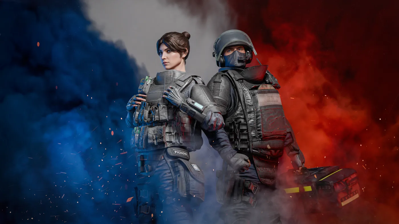 Two Rainbow Six operators stand in smoke colored like the French flag. Two Rainbow Six operators stand in smoke colored like the French flag.
