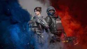 Two Rainbow Six operators stand in smoke colored like the French flag. Two Rainbow Six operators stand in smoke colored like the French flag.