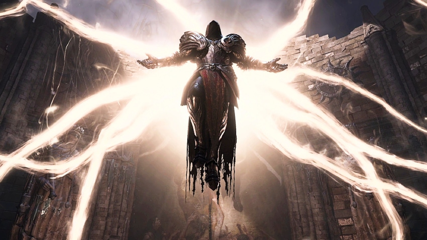 Key art of Blizzard Entertainment's Diablo IV featuring Tyrael with his glowing wings out.