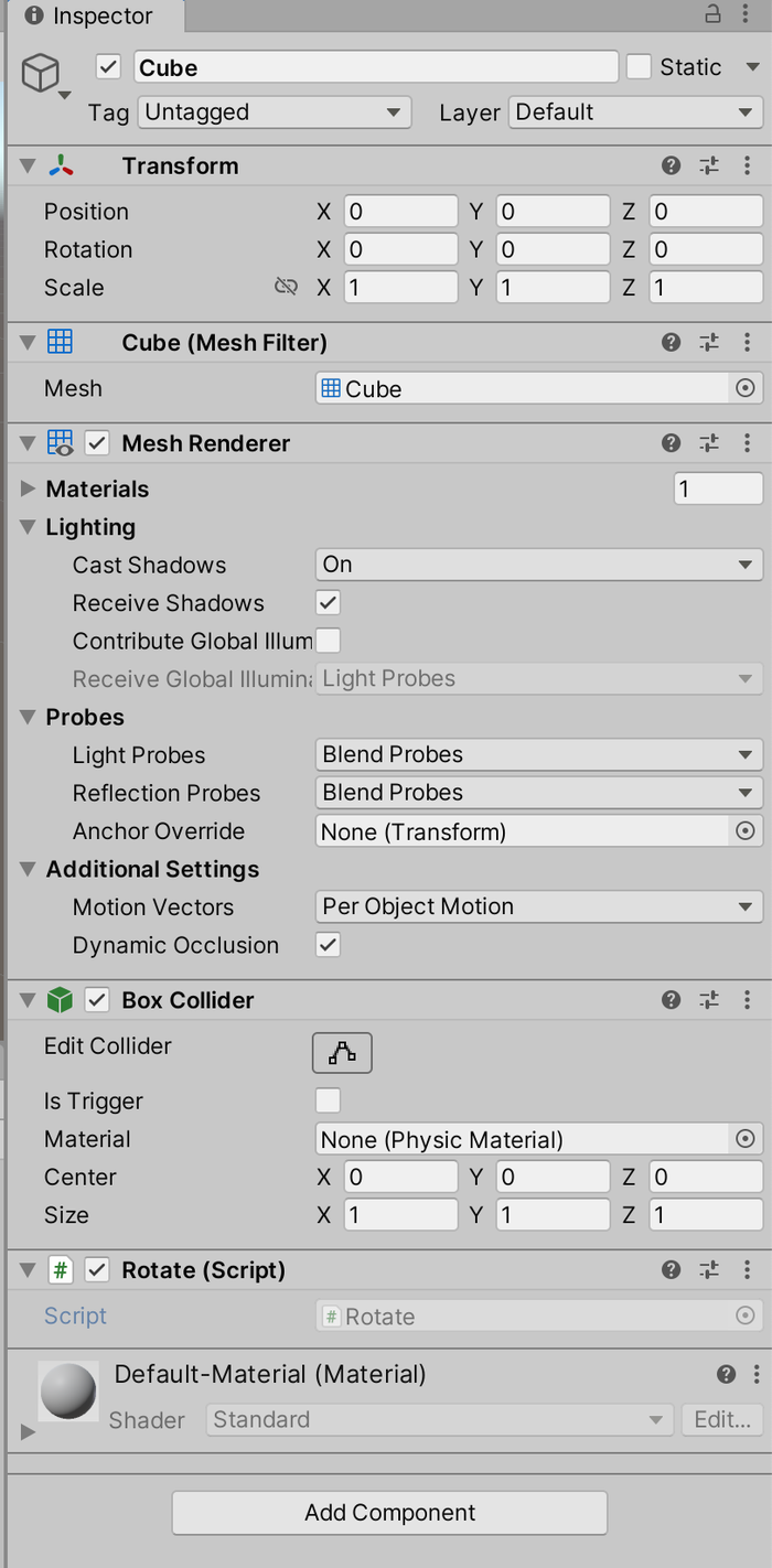 The Rotate component, as it appears in the inspector when the cube is selected. The Rotate component, as it appears in the inspector when the cube is selected.