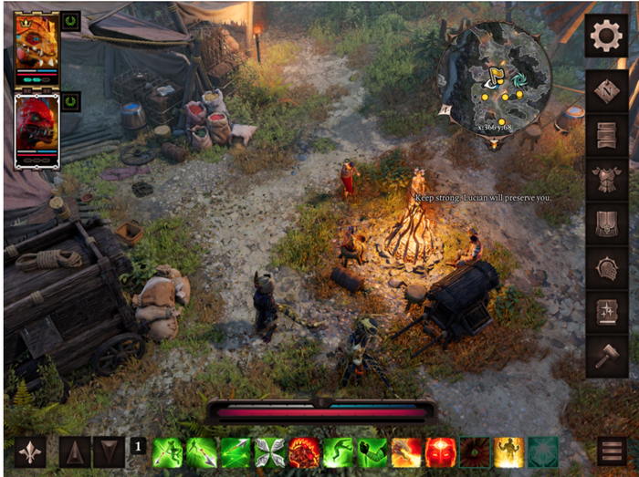 A screenshot showing an updated UI with smaller buttons and more clearly presented health bars and menu options along the edges of the frame.