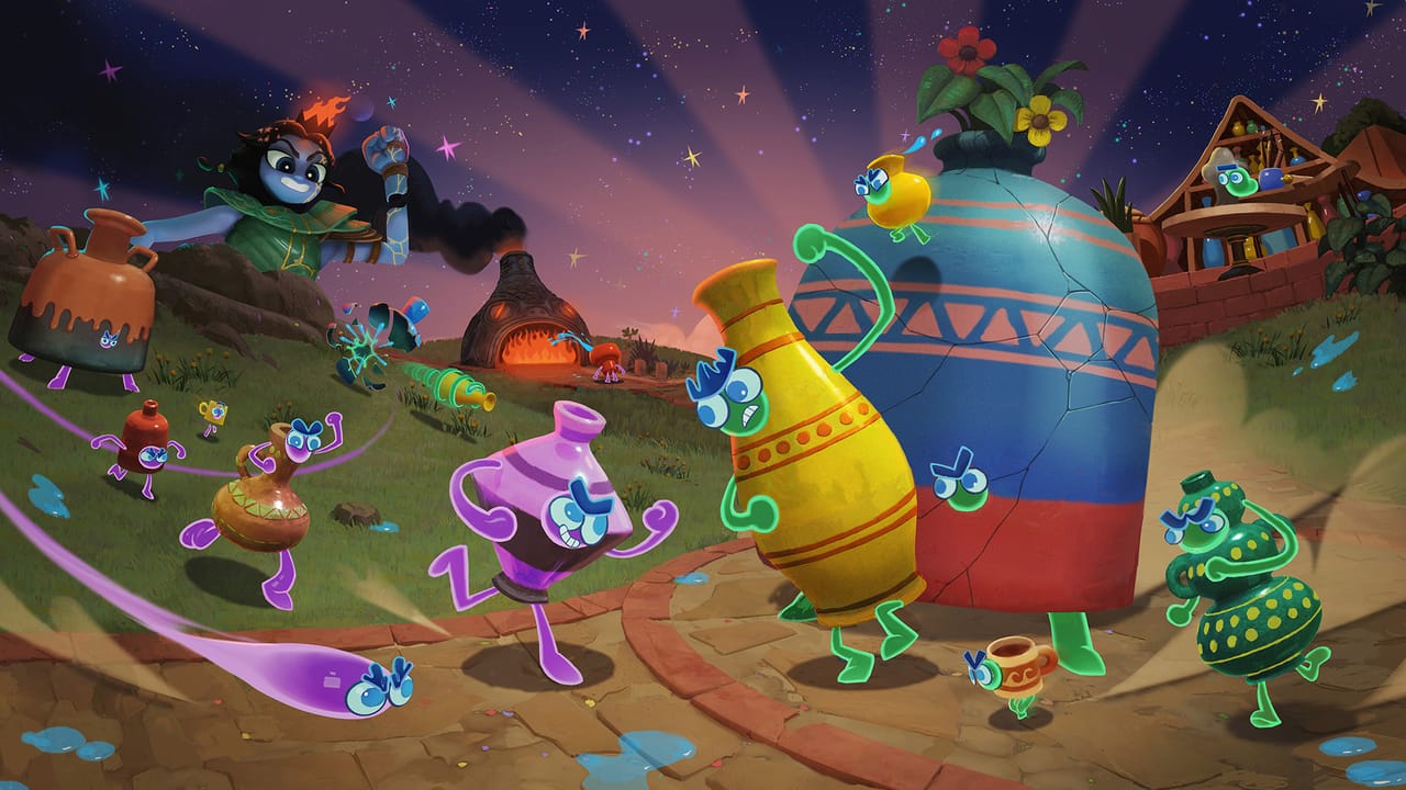 An illustration of a number of spirits controlling pottery fighting each other. An illustration of a number of spirits controlling pottery fighting each other.