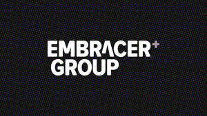 The Embracer logo on a stylized black background