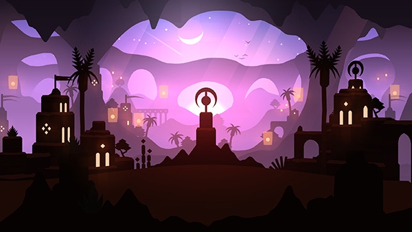 A screenshot of Alto's Odyssey. The Lost City stands silhouetted in the background of a Desert Path.