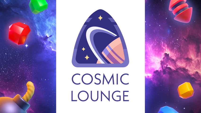 The Cosmic Lounge logo flanked by space-themed artwork