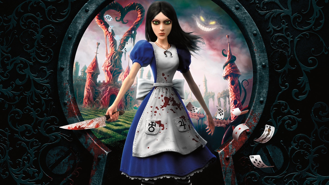 Cover art for Alice: Madness Returns, featuring Alice in front of Wonderland and the Cheshire Cat. Cover art for Alice: Madness Returns, featuring Alice in front of Wonderland and the Cheshire Cat.