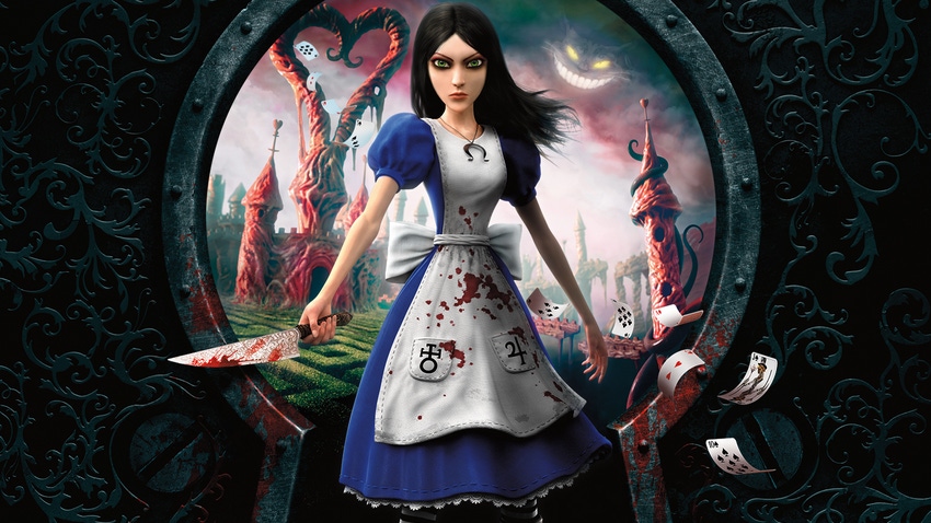 Cover art for Alice: Madness Returns, featuring Alice in front of Wonderland and the Cheshire Cat.