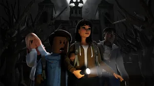 Four Roblox characters explore a dark, scary forest. Four Roblox characters explore a dark, scary forest.