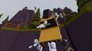 Players cling onto a vehicle in Human Fall Flat Players cling onto a vehicle in Human Fall Flat