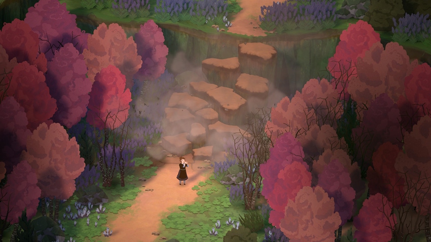 A painterly image of a Glimmerwick character on a wooded path