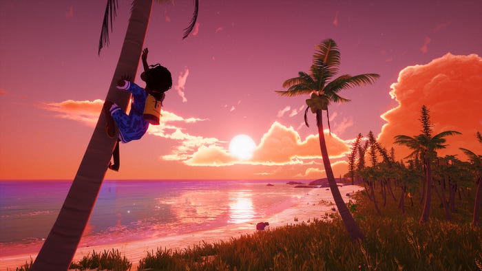 A young girl climbing a palm tree at sunset