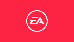 The EA logo on a crimson background
