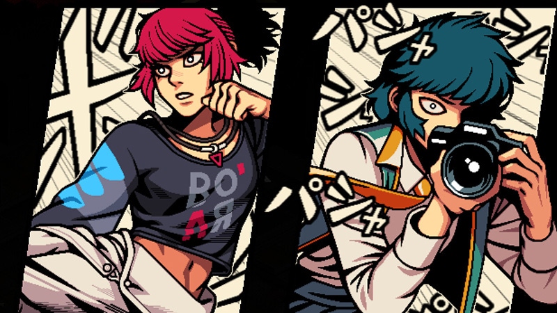 A screenshot of a combo attack in Demonschool. Two high schoolers in cool wardrobes strike a pose. 