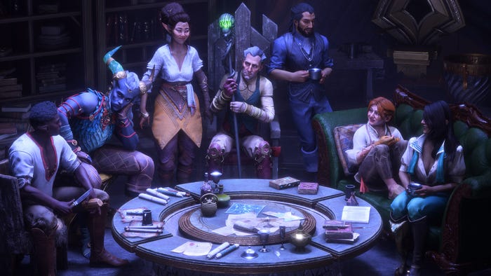 Dragon Age: The Veilguard screenshot.  7 members of a group of different fantasy races gather at the table.