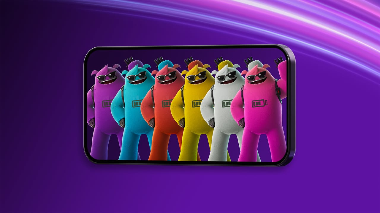 A render of a mobile device featuring colorful characters smiling and waving A render of a mobile device featuring colorful characters smiling and waving