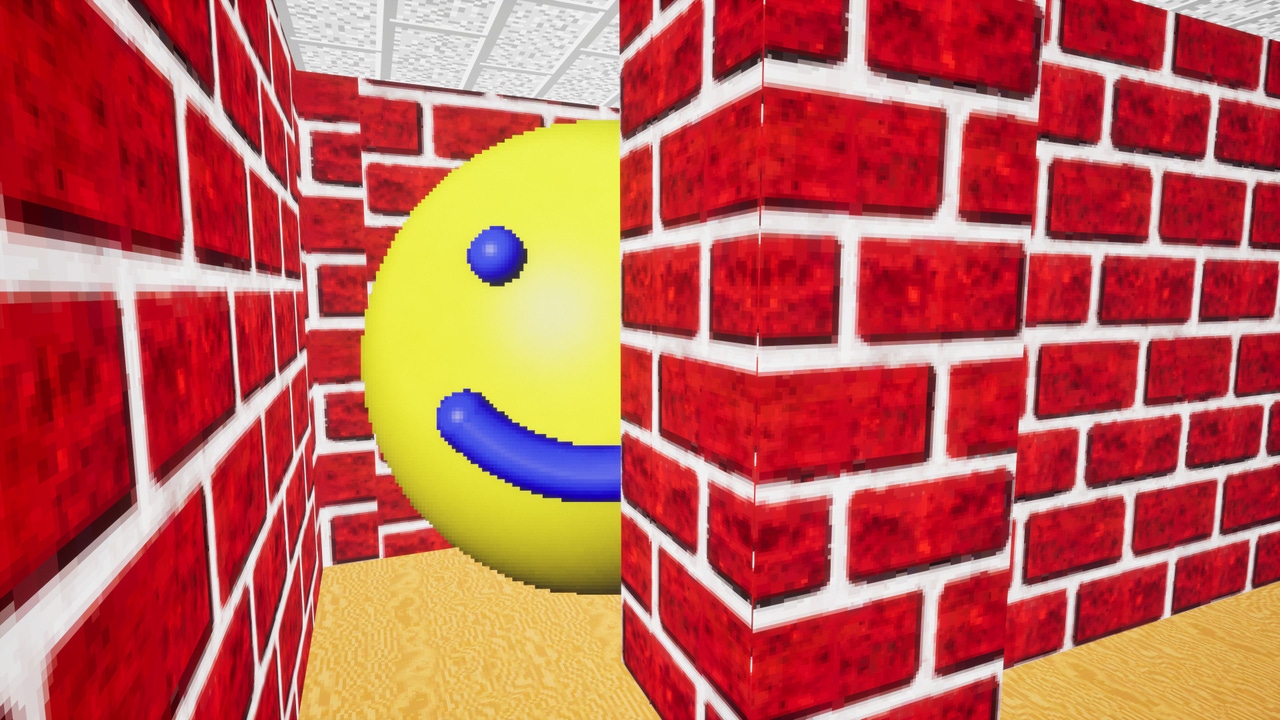 A giant smiley emoji peeks out behind early 90s style polygonal bricks A giant smiley emoji peeks out behind early 90s style polygonal bricks