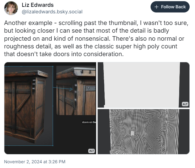 A post by Liz Edwards showing a 3D model of a cabinet generated by AI. A post by Liz Edwards showing a 3D model of a cabinet generated by AI.