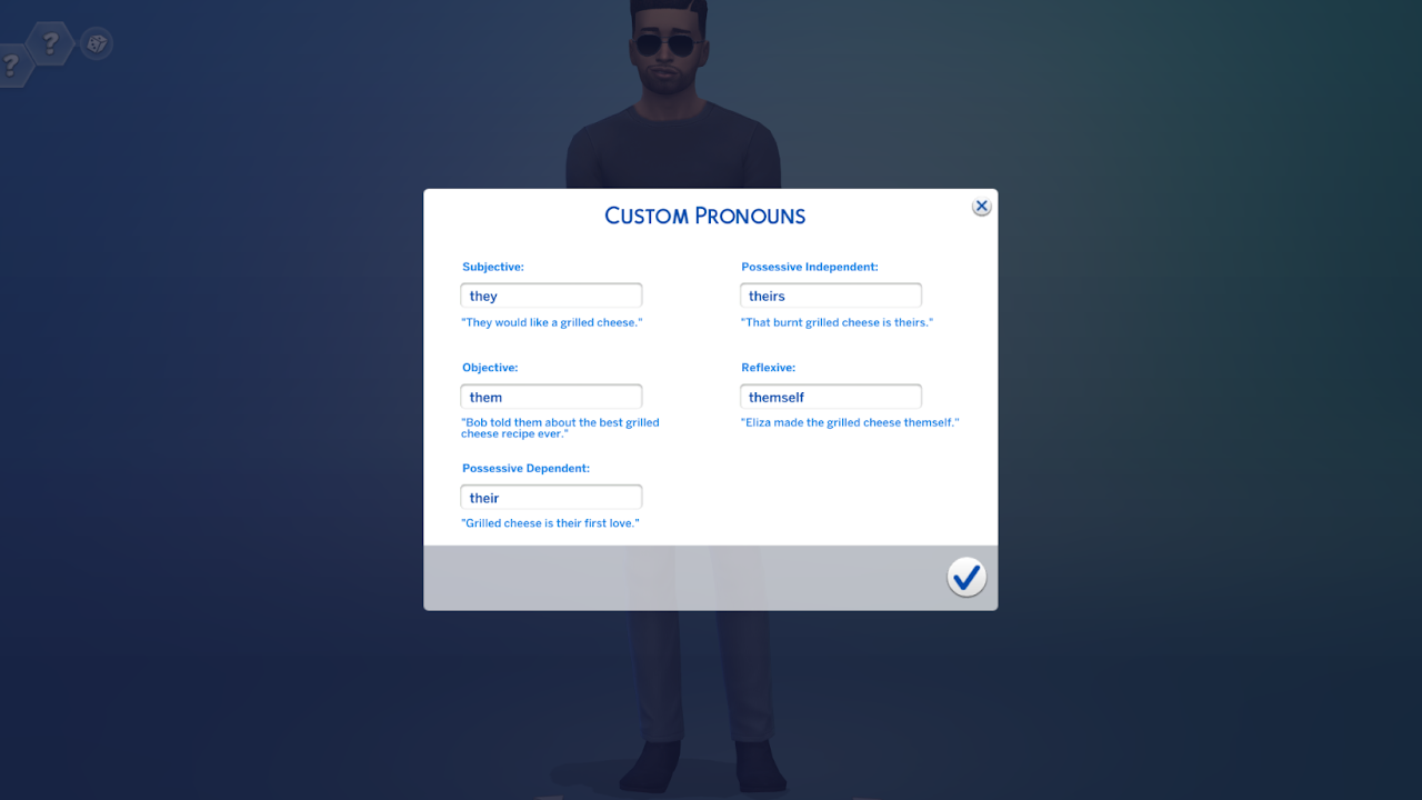 The Sims 4 screenshot showing an example of a "Custom Pronouns" dialog box.