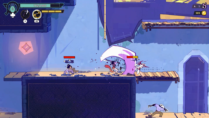 A screenshot from The Rogue: Prince of Persia. The Prince battles enemies in a 2D environment.