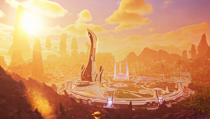 A screenshot from Everywhere showing a futuristic city with a tall white tower at golden hour.