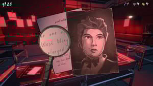 A character portrait next to a note and magnifying glass A character portrait next to a note and magnifying glass