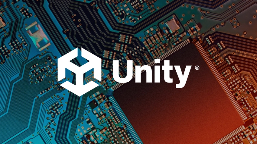 The Unity logo overlaid on a motherboard