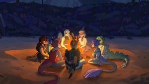 The characters of Goodbye Volcano High sit around a campfire The characters of Goodbye Volcano High sit around a campfire