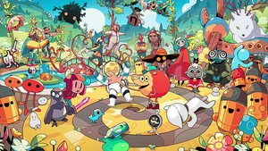 Artwork featuring a litany of characters from Devolver titles including the company's meatball-shaped mascot Volvy