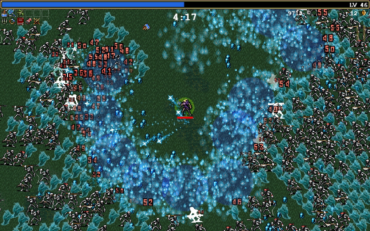 Vampire Survivors screen, showing many enemies swarming the main character Vampire Survivors screen, showing many enemies swarming the main character