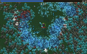Vampire Survivors screen, showing many enemies swarming the main character