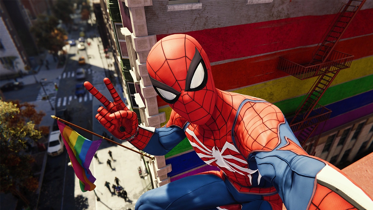 Spider-Man posing in front of a pride flag Spider-Man posing in front of a pride flag