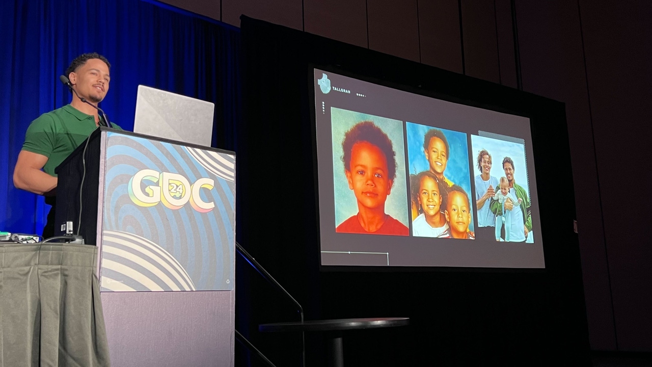 a slide showing a number of black folks' hairstyles as Isaac Olander speaks at the GDC podium a slide showing a number of black folks' hairstyles as Isaac Olander speaks at the GDC podium
