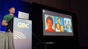 a slide showing a number of black folks' hairstyles as Isaac Olander speaks at the GDC podium