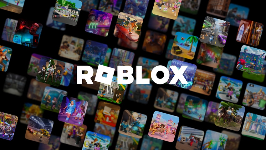 The Roblox logo on a tiled background showing many of the experiences offered by the platform