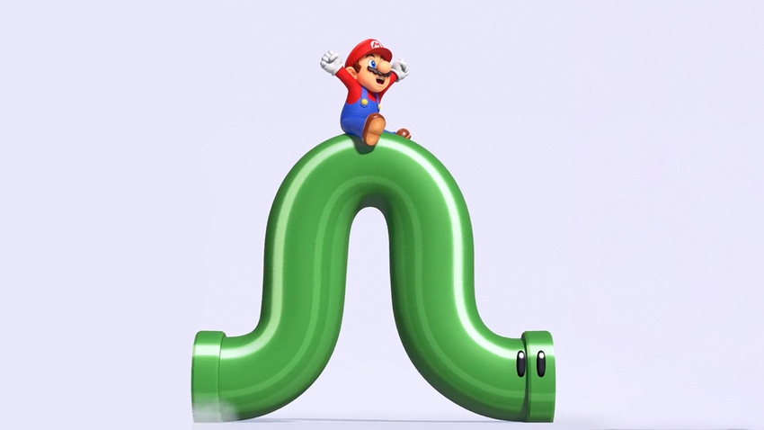 Mario rides the inchworm pipe