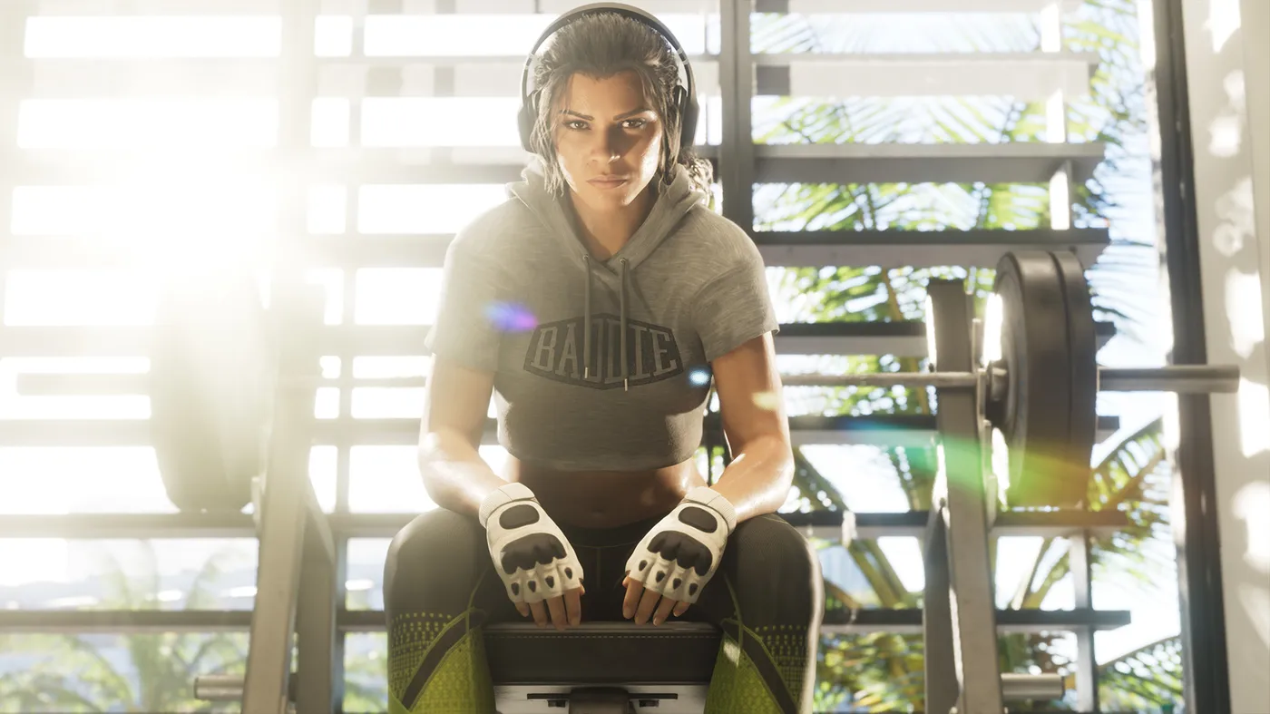 Lucia from GTA VI sits on a weight bench Lucia from GTA VI sits on a weight bench