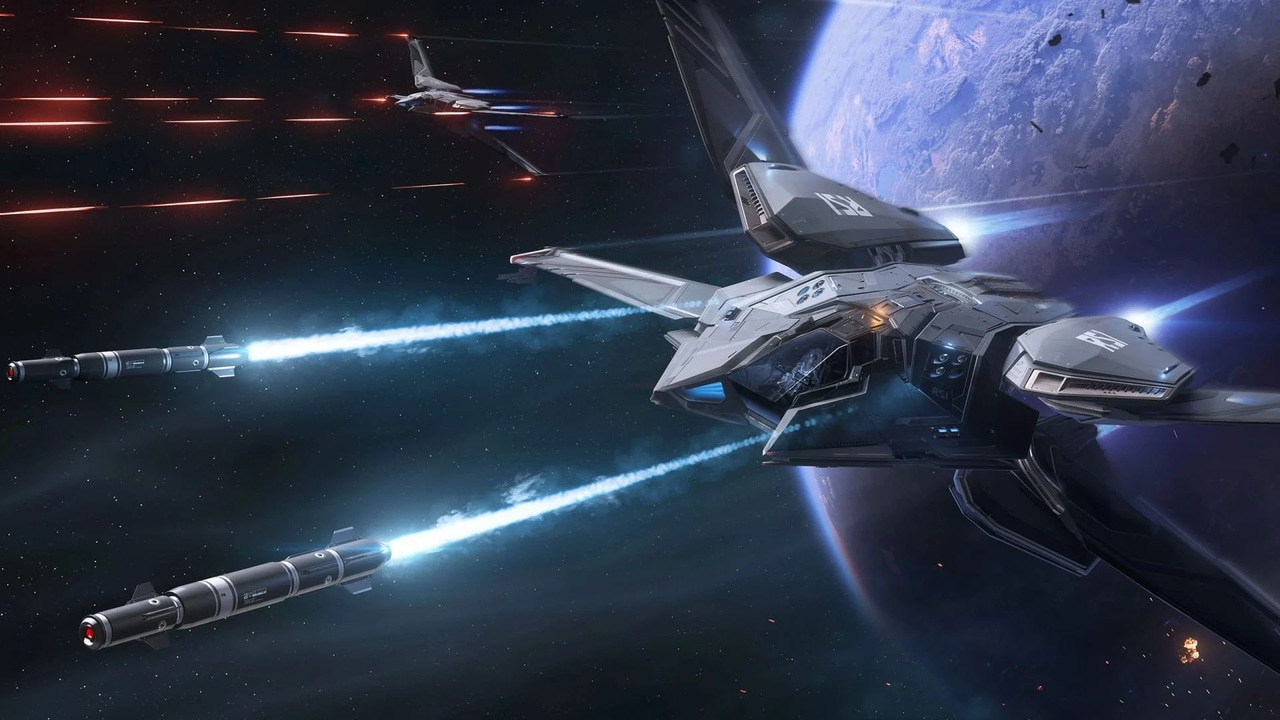 Two ships in space combat in Star Citizen. Two ships in space combat in Star Citizen.