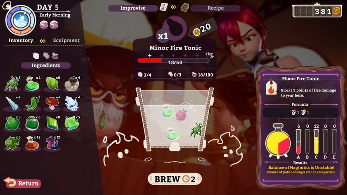 a potion brewing screen, with ingredients and a blender in the middle