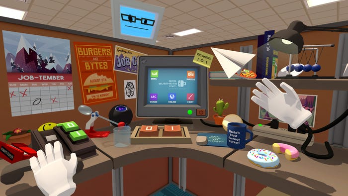 A screenshot from Job Simulator. A player sits at an office in VR.