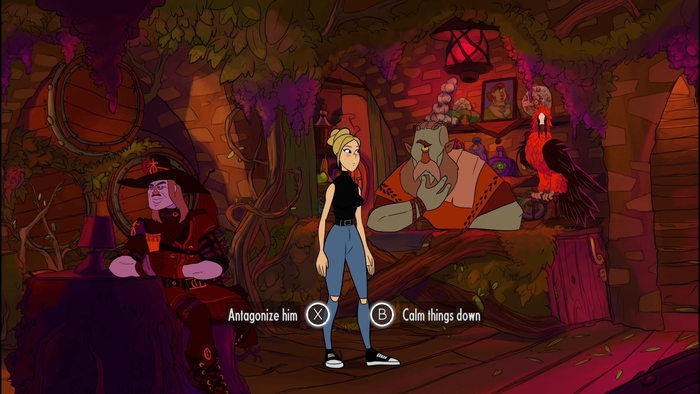 The player is given the choice between antagonizing or calming down a cyclops shopkeeper.