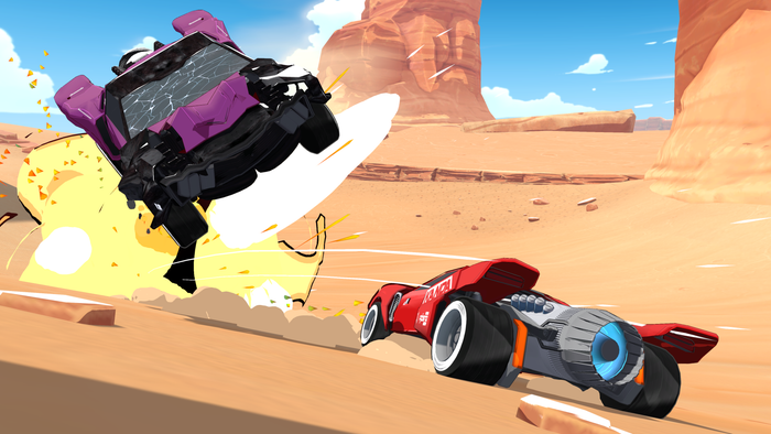A screenshot from Resistor. A purple car goes flying in an explosion while a red one races by.
