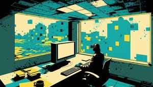 stylized image of a person at a computer with 3D post it notes and architecture