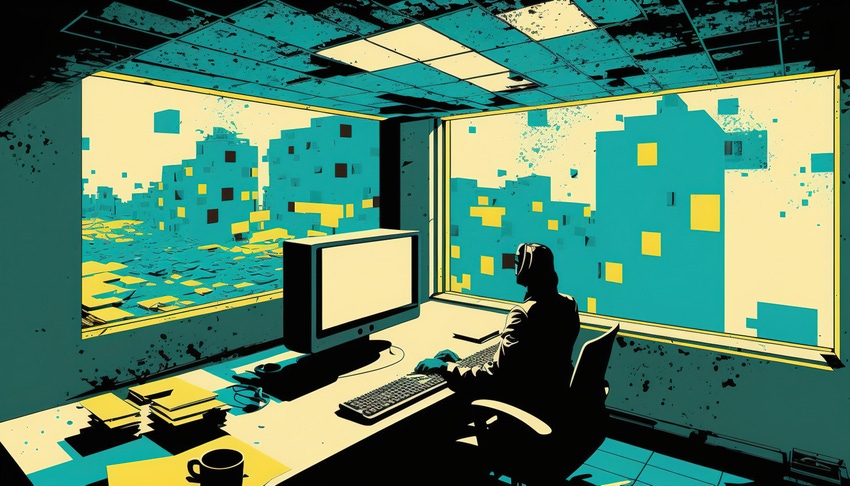 stylized image of a person at a computer with 3D post it notes and architecture