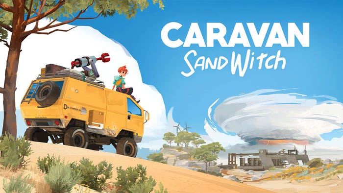 key art for Caravan Sandwitch. The protagonist sits atop her yellow van, looking out over ruins in the desert as a vast storm sit sin the distance. key art for Caravan Sandwitch. The protagonist sits atop her yellow van, looking out over ruins in the desert as a vast storm sit sin the distance.