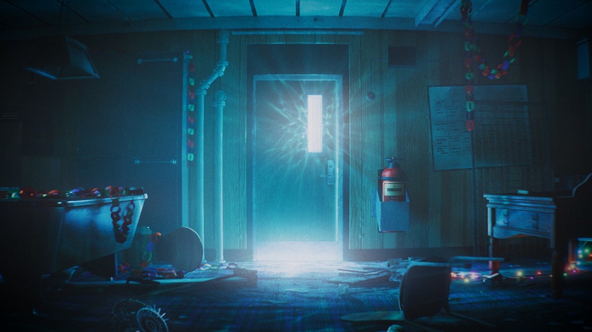 A screenshot from Still Wakes the Deep showing a door illuminated by an ominous light