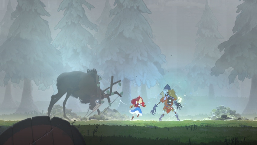 A screenshot from the game Teslagrad 2 shows a forest scene set with misty evergreen trees.