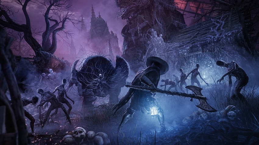 Artwork from Lords of the Fallen showing a spooky graveyard showdown
