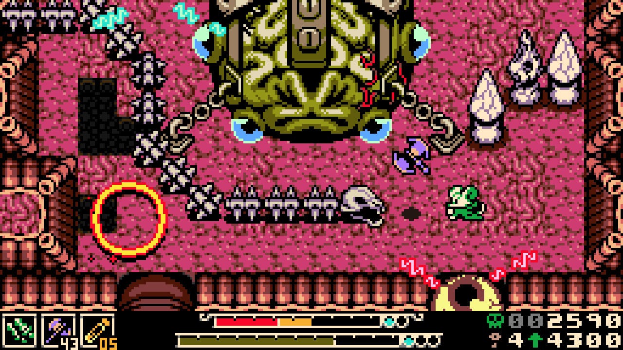 A screenshot of Mina the Hollower. The player character, a small mouse, fights a monstrous boss. A screenshot of Mina the Hollower. The player character, a small mouse, fights a monstrous boss.